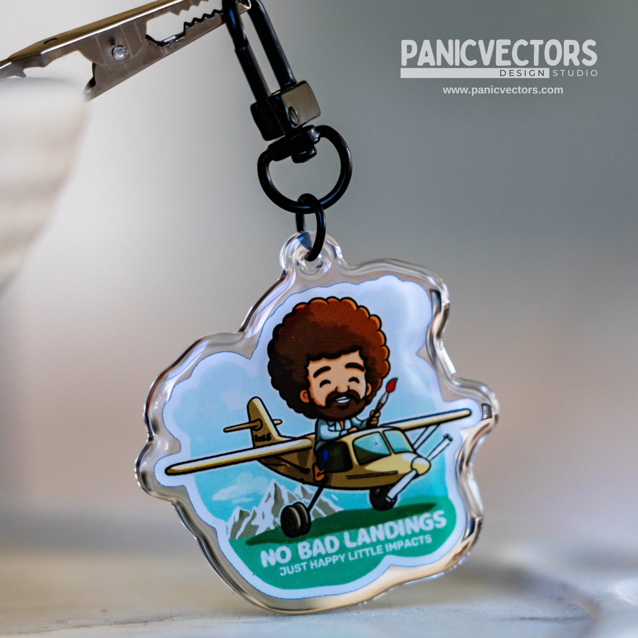 Double Sided Light & Dark Bob Ross No Bad Landings Epoxy Keychain with Keyring