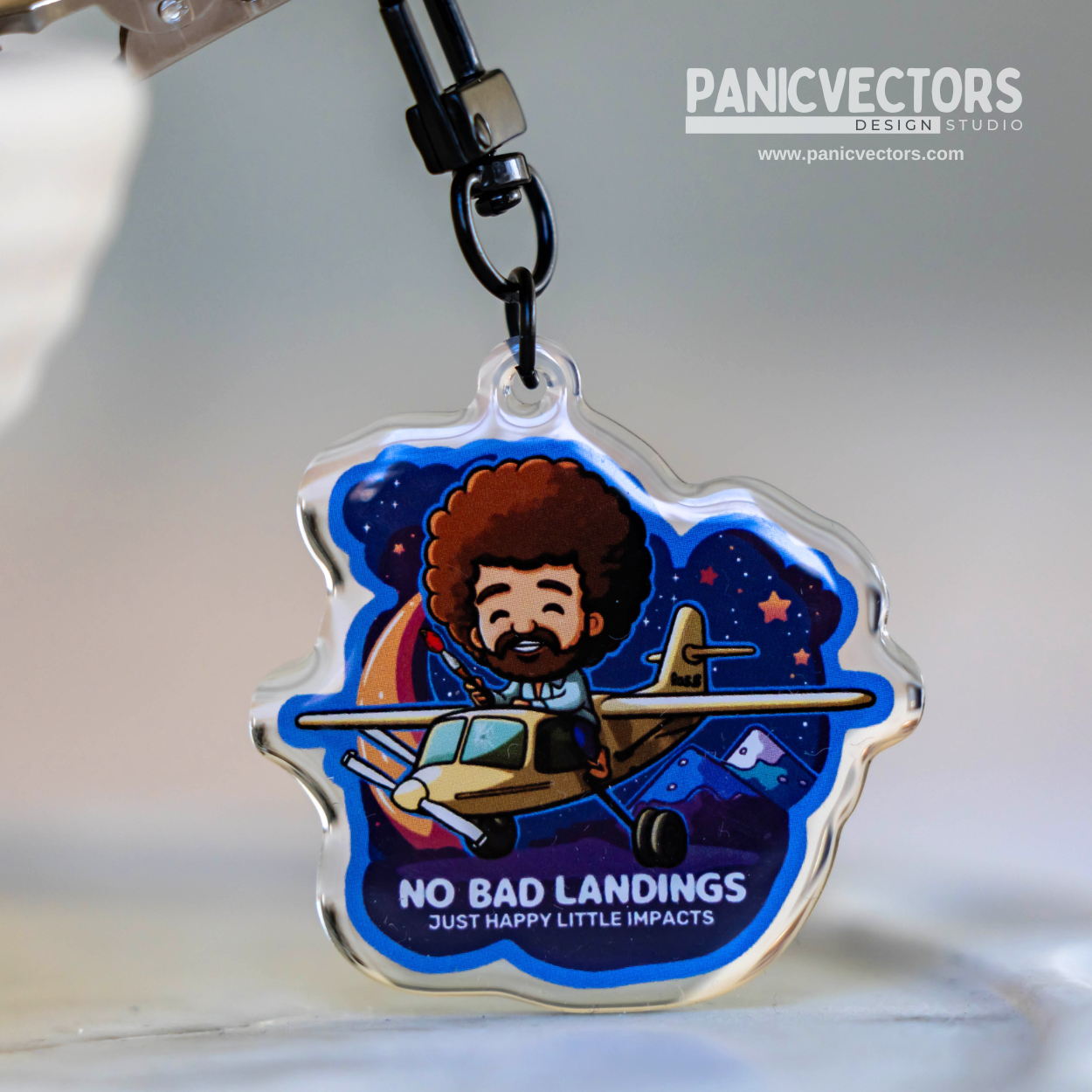 Double Sided Light & Dark Bob Ross No Bad Landings Epoxy Keychain with Keyring