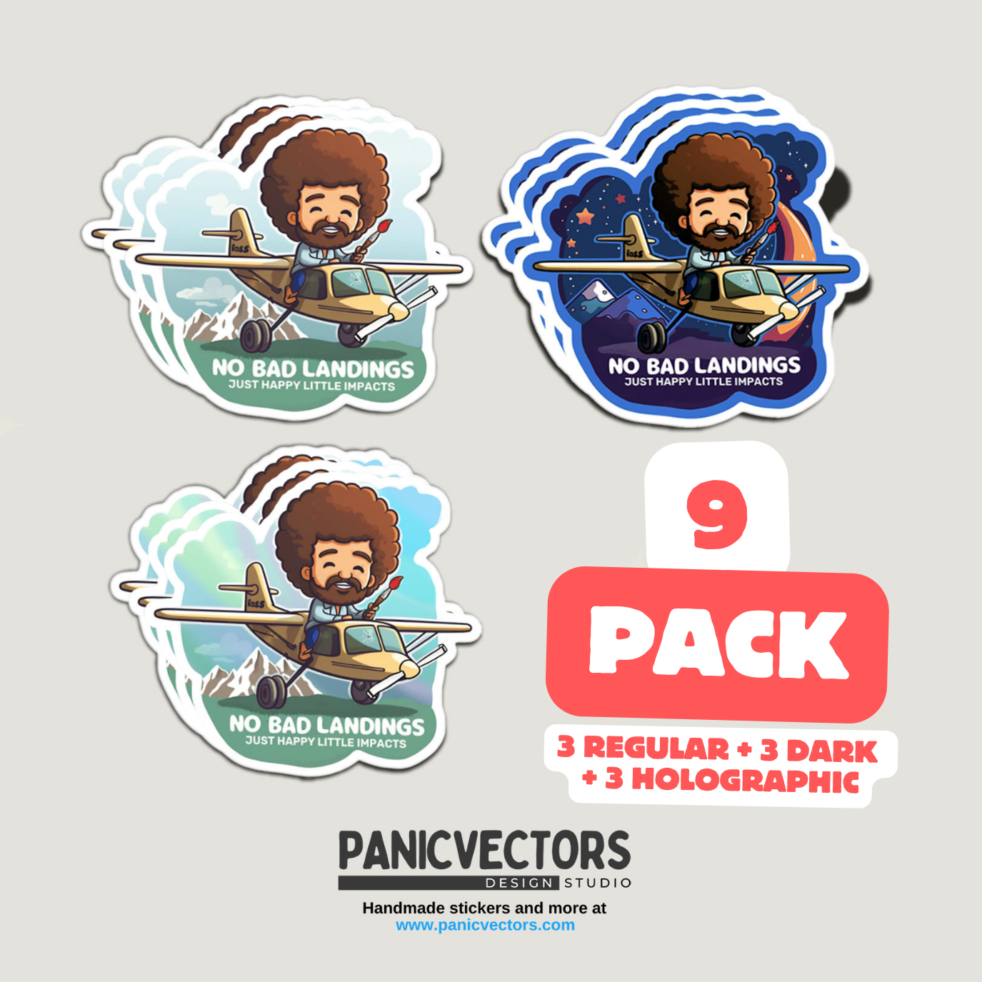 Pack of 9 Most Popular No Bad Landings Just Happy Little Impacts Bob Ross Vinyl Sticker